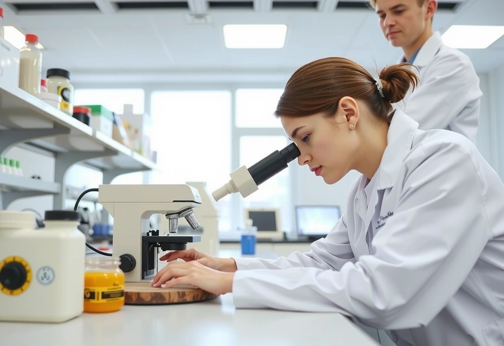 Nutricionista investigando en un laboratorio con microscopio