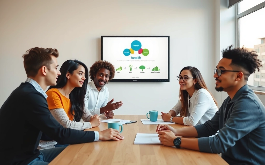 Un grupo de fundadores de Vitaminasnaturaleetc discutiendo ideas en una oficina moderna y luminosa