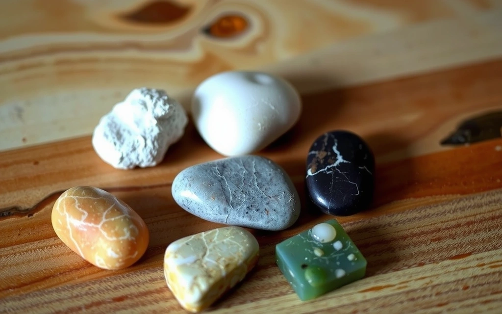 Piedras de minerales esenciales como magnesio, zinc y selenio, dispuestas artísticamente sobre una superficie de madera, con un brillo sutil.